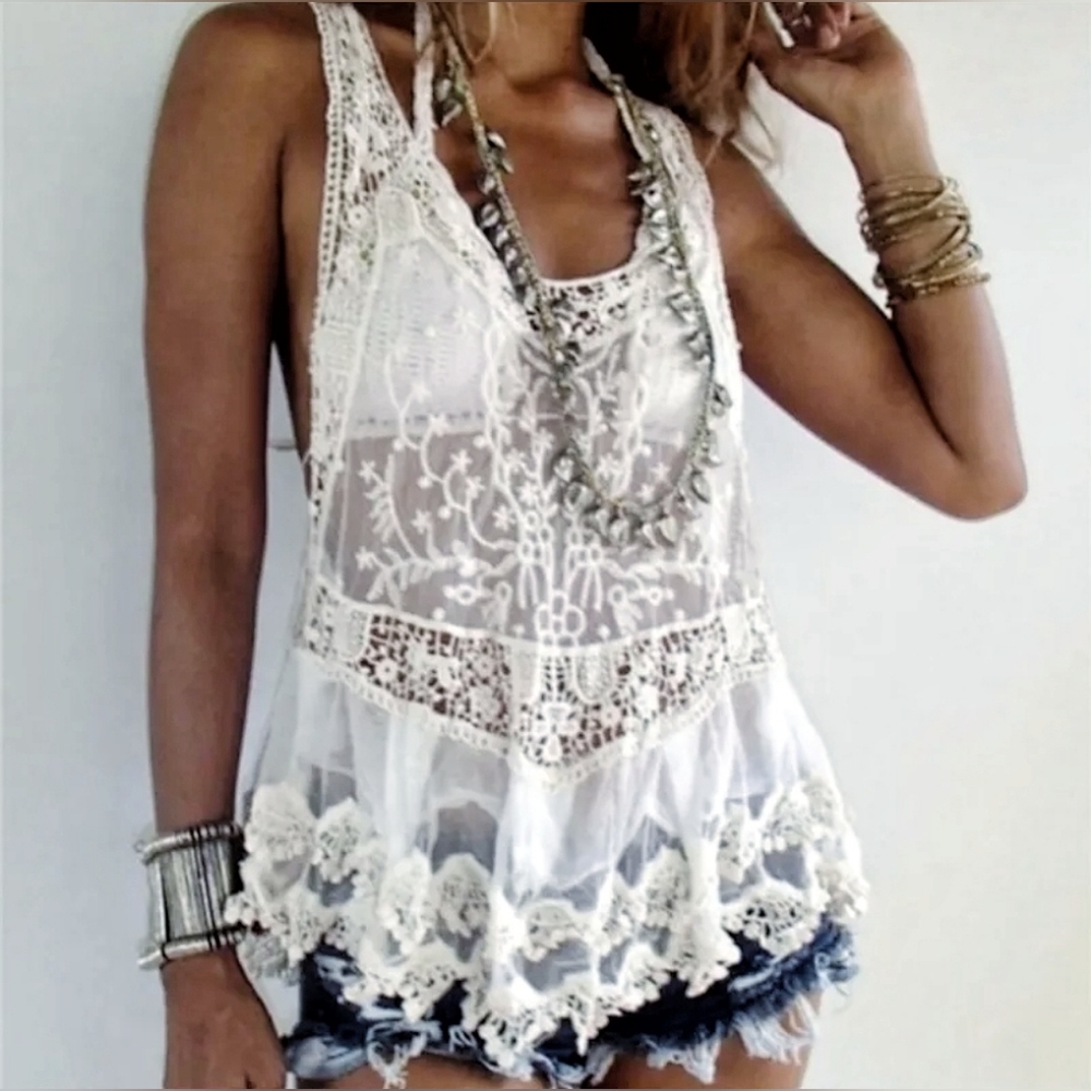 NEW Boho Crochet Sheer Lace Racerback Tank Cover Up Tunic Top White